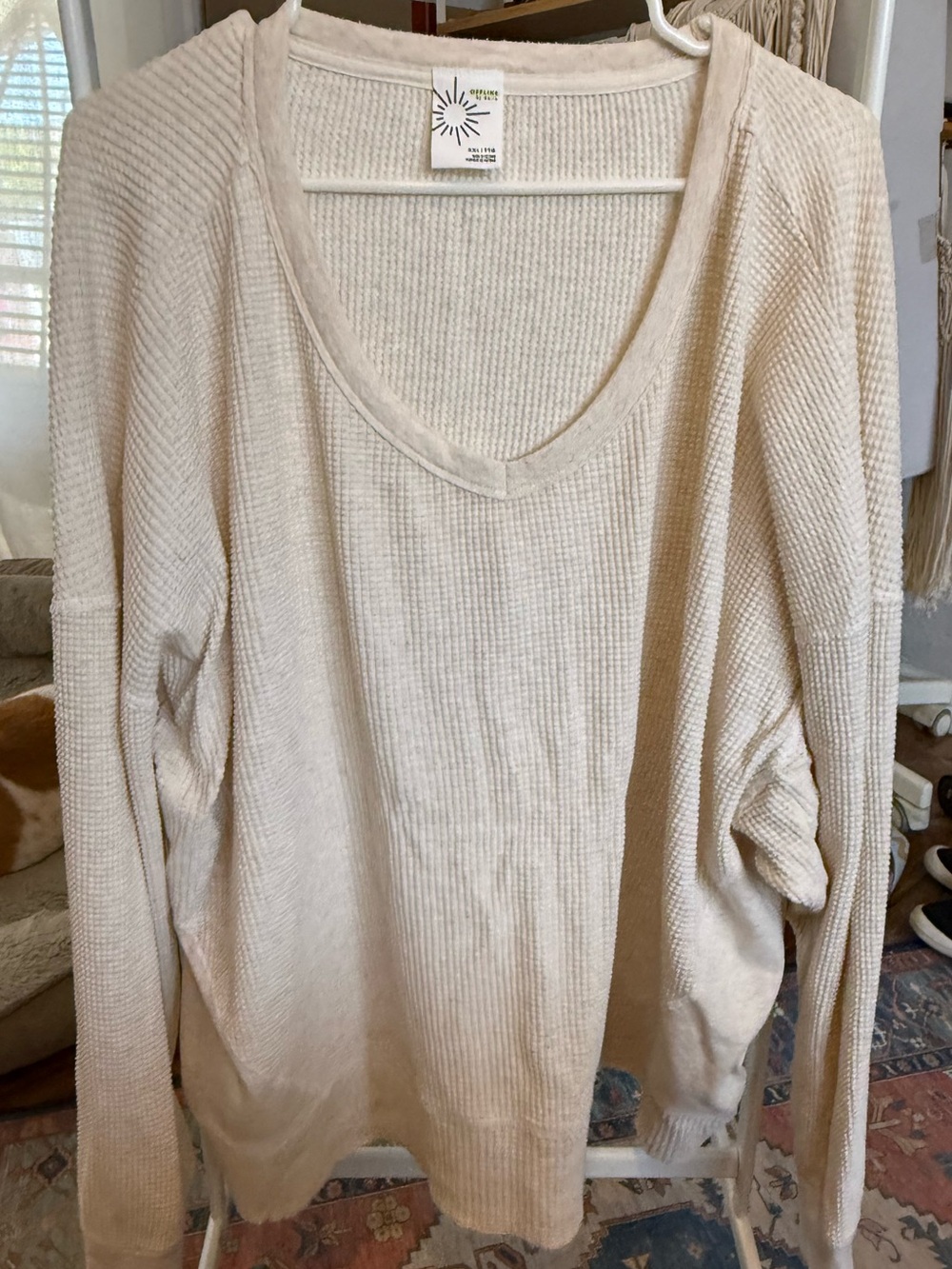 Aerie Women's Cream Waffle-Knit V-Neck Sweater